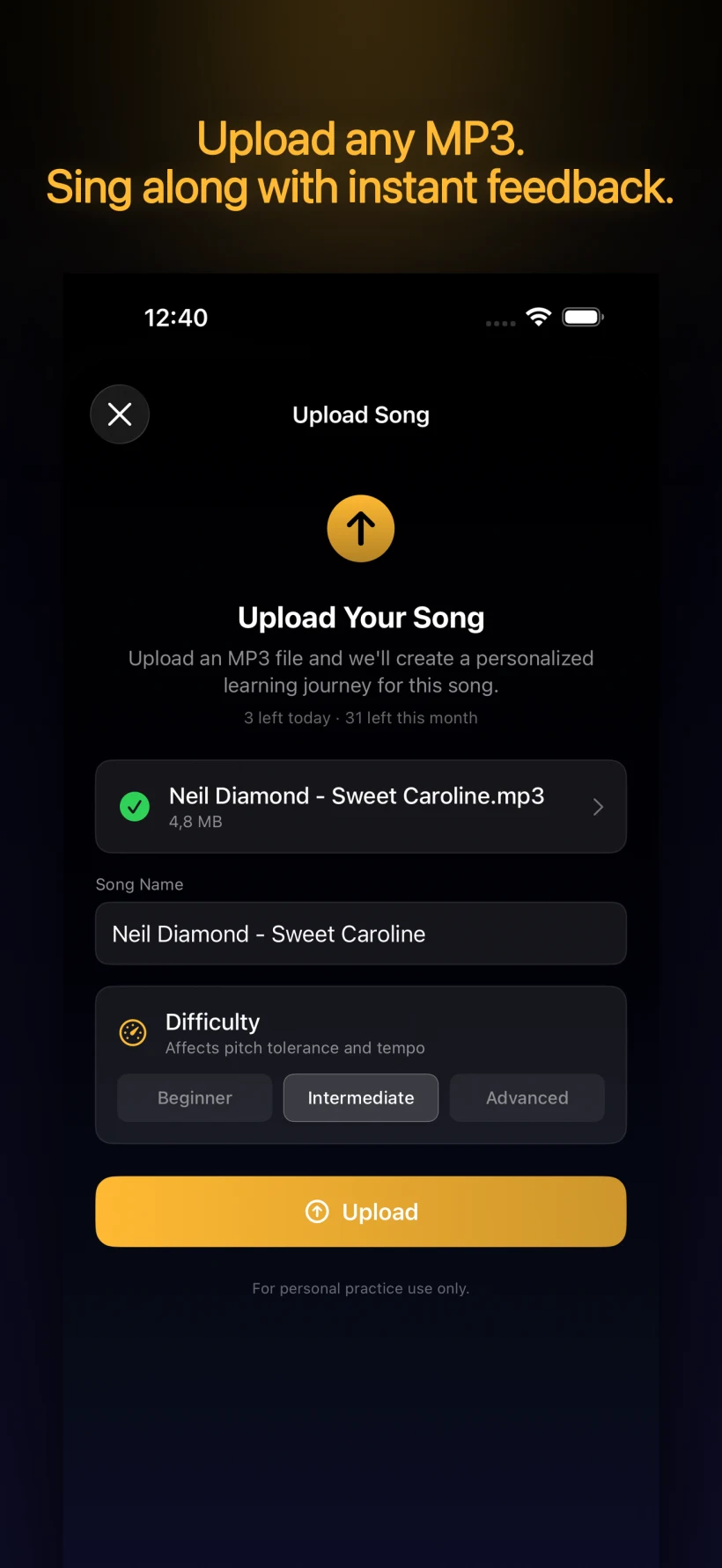 PitchHighway song library — upload any MP3