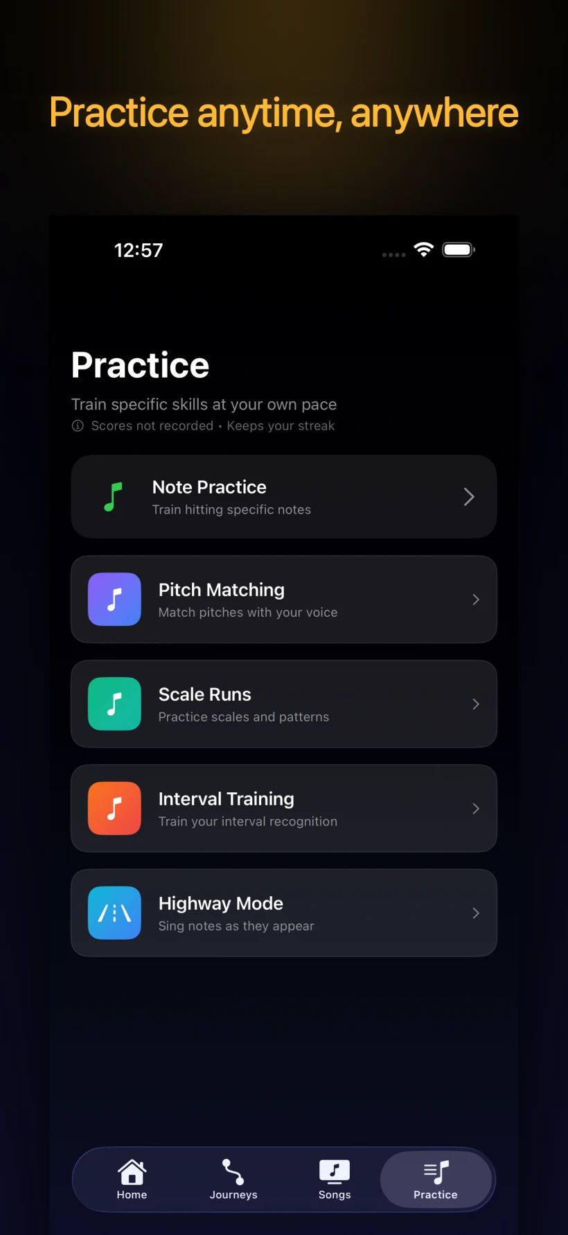 Practice modes — note practice, pitch matching, scale runs, interval training, and highway mode